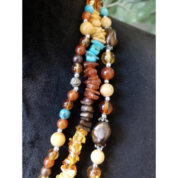 Women Multistrand Beaded Necklace Mixed Gemstones Turquoise Amber Look - Picture 5 of 5